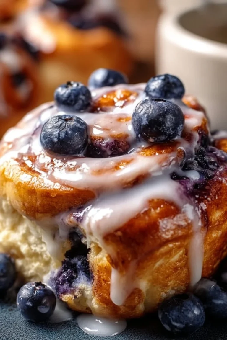 Freshly baked blueberry cinnamon rolls with a golden glaze