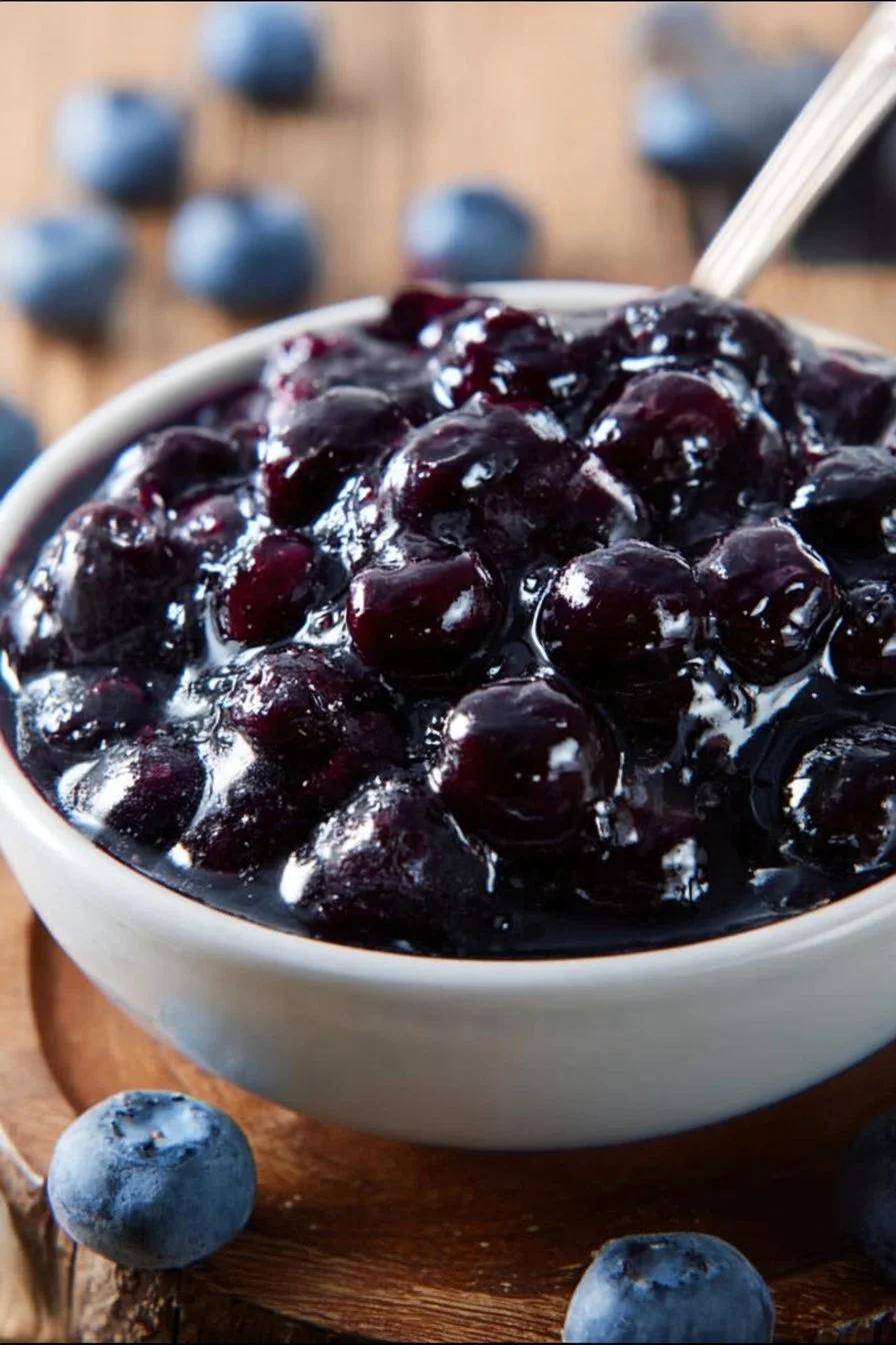 Homemade blueberry filling in a bowl, ideal for desserts and pastries.