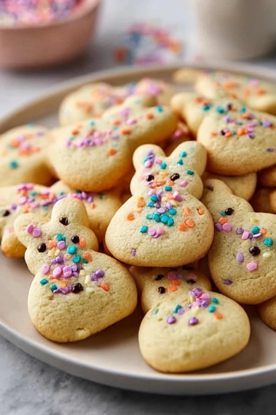Cute bunny cookies for Easter celebration, decorated with icing and sprinkles