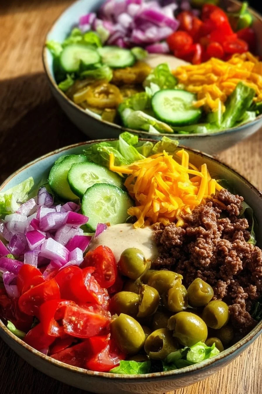 A colorful Burger Bowl filled with fresh ingredients like lettuce, tomatoes, and grilled meat.