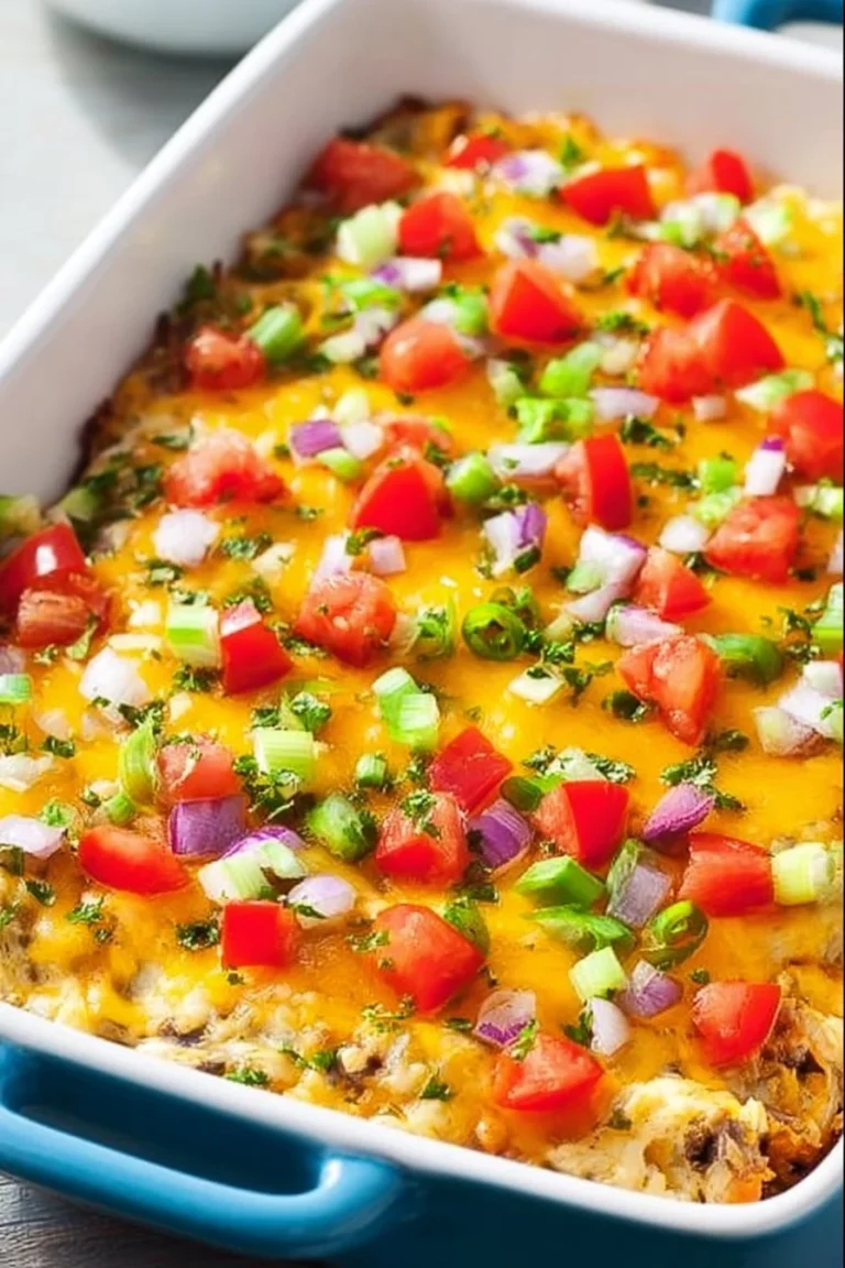 Delicious burrito casserole topped with cheese and fresh ingredients