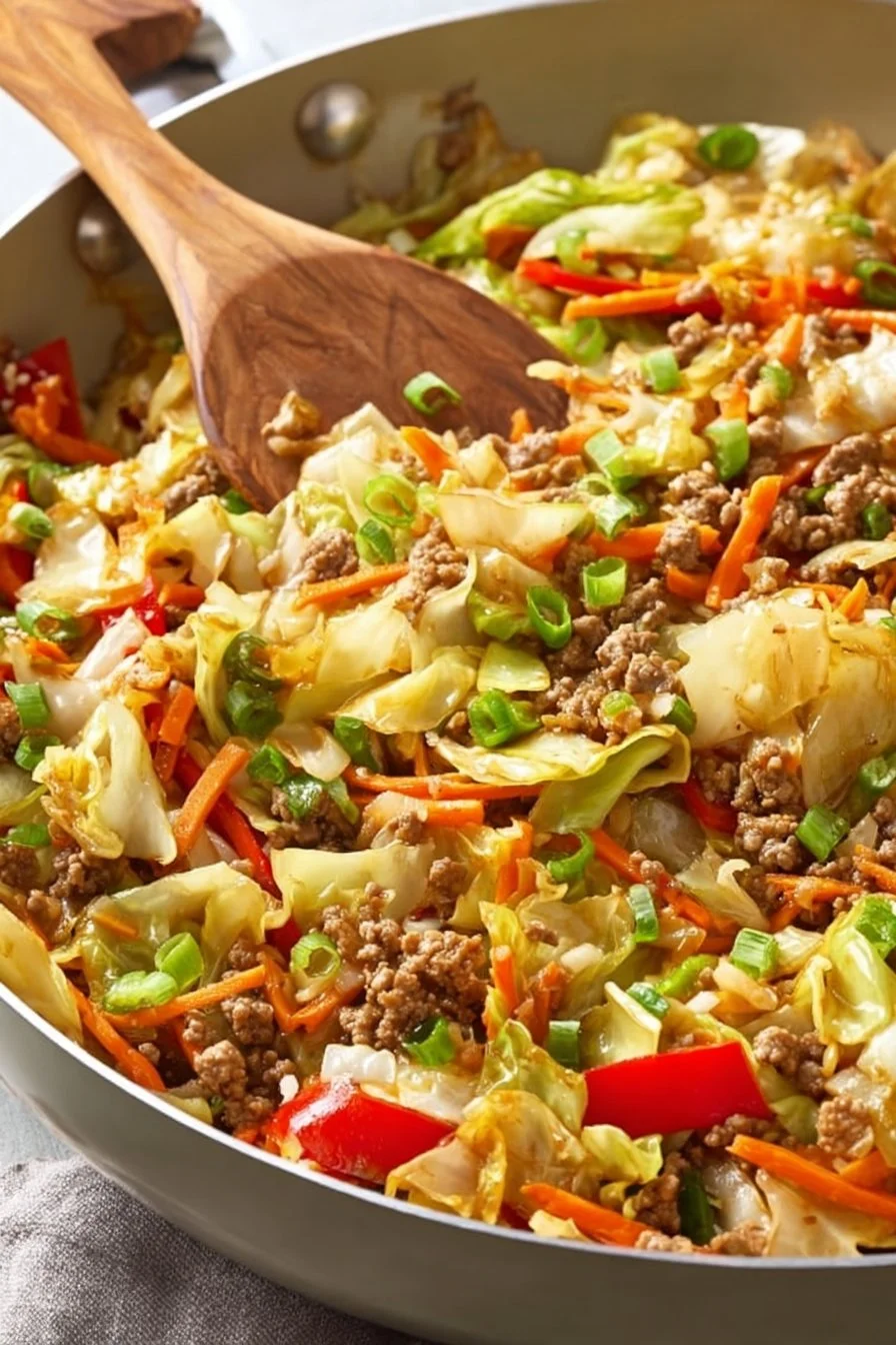 Colorful cabbage stir fry dish with vegetables and seasonings
