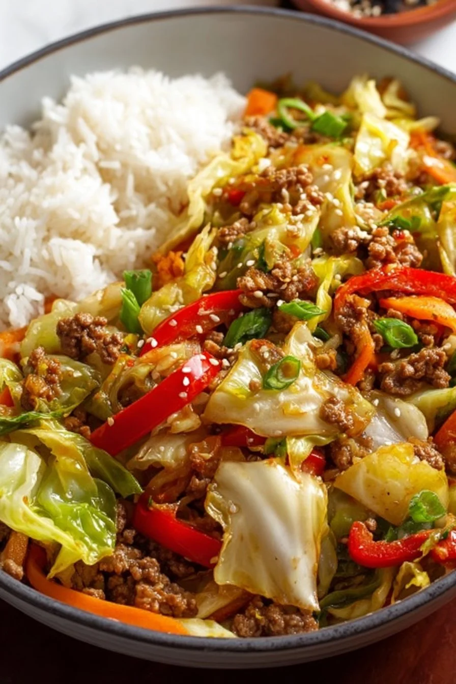 A colorful cabbage stir fry with vegetables in a skillet