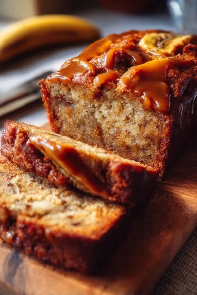 Slice of moist Caramel Banana Bread drizzled with caramel sauce