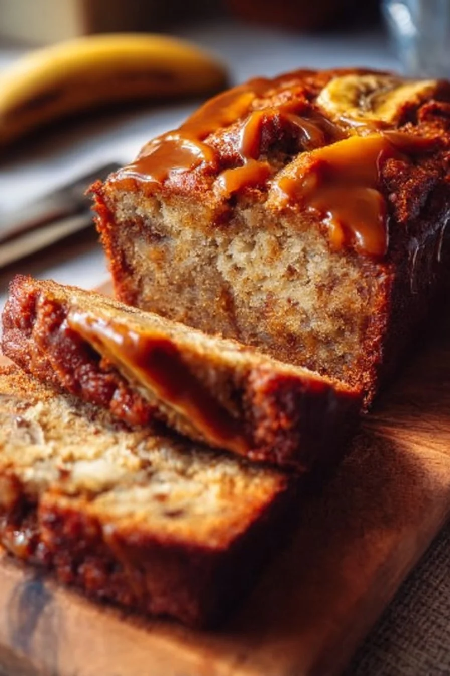 Slice of moist Caramel Banana Bread drizzled with caramel sauce