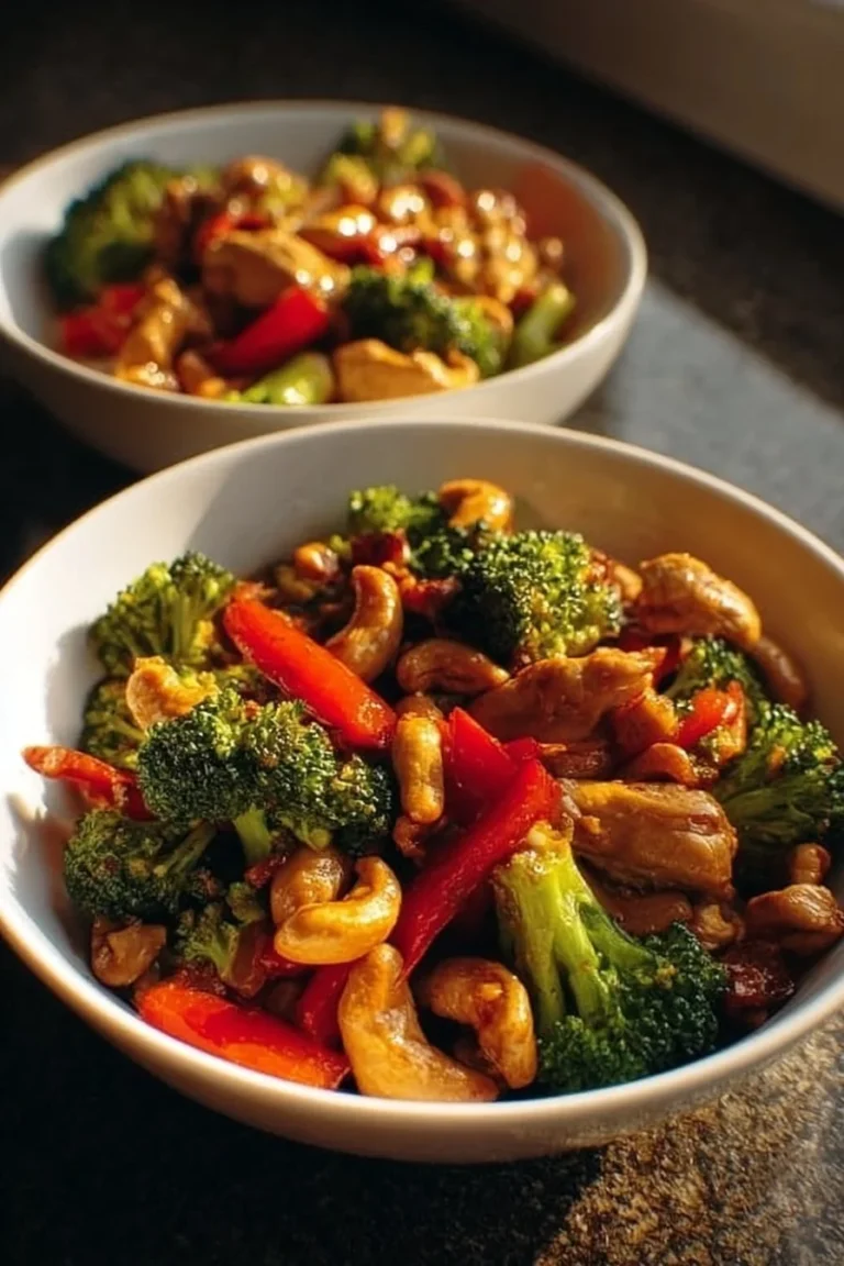 Delicious cashew chicken served with vegetables and rice in a bowl