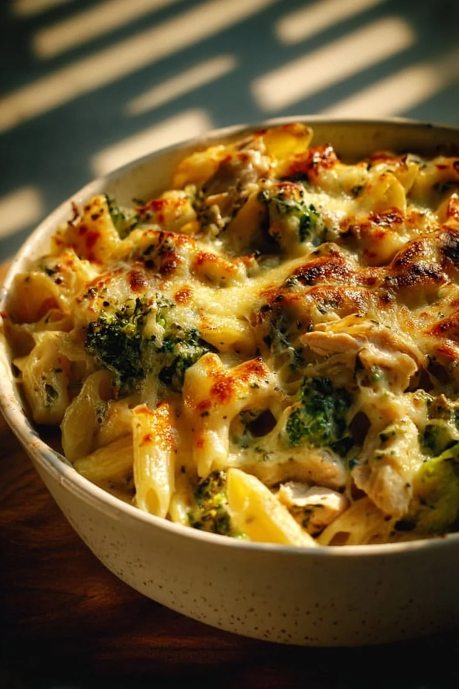 A savory casserole dinner prepared with fresh ingredients and topped with cheese.