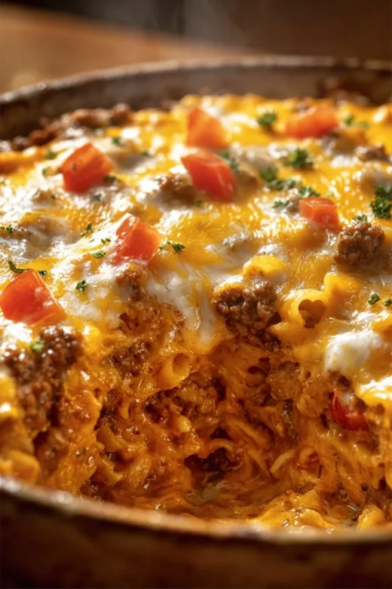 Delicious Cattle Drive Casserole with beef and beans served in a rustic dish