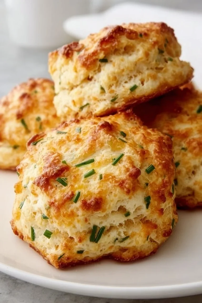 Freshly baked cheddar chive scones on a rustic wooden table