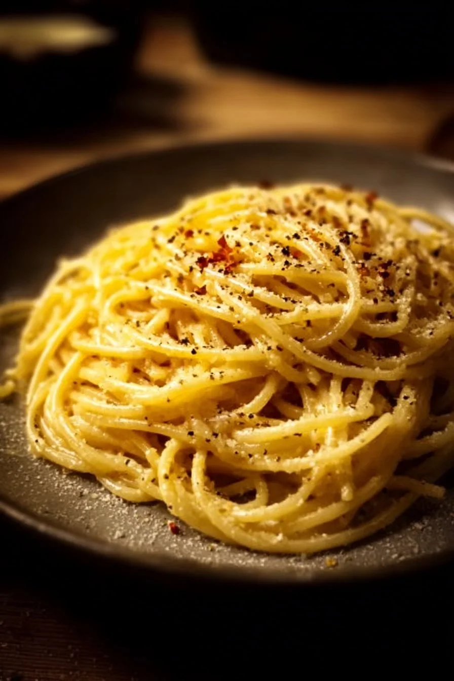 Delicious Cheese and Pepper Pasta garnished with black pepper and cheese