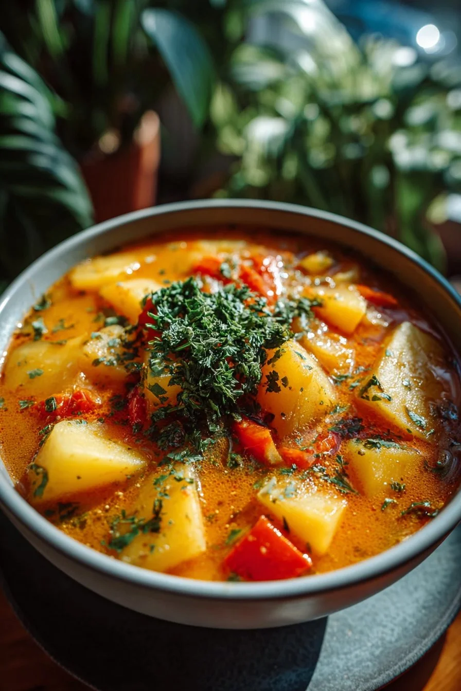 A bowl of creamy cheese stuffed banana pepper soup garnished with herbs.