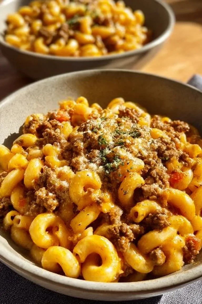Cheeseburger pasta served with cheese and toppings in a bowl