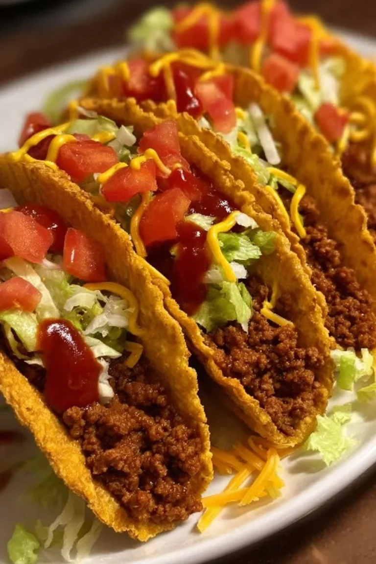 Cheeseburger tacos served on a plate with toppings and condiments.