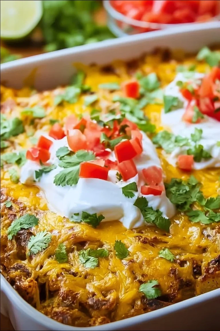 Cheesy taco potato casserole topped with melted cheese and garnished with herbs