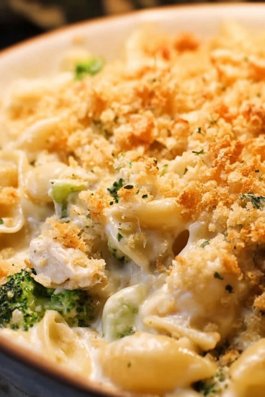 Delicious Chicken Alfredo Bake with pasta and creamy sauce