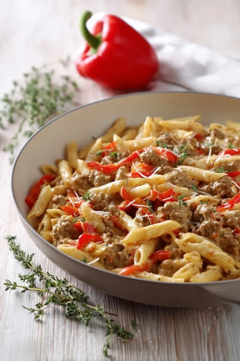 Plate of Chicken and Sausage Pasta garnished with parsley