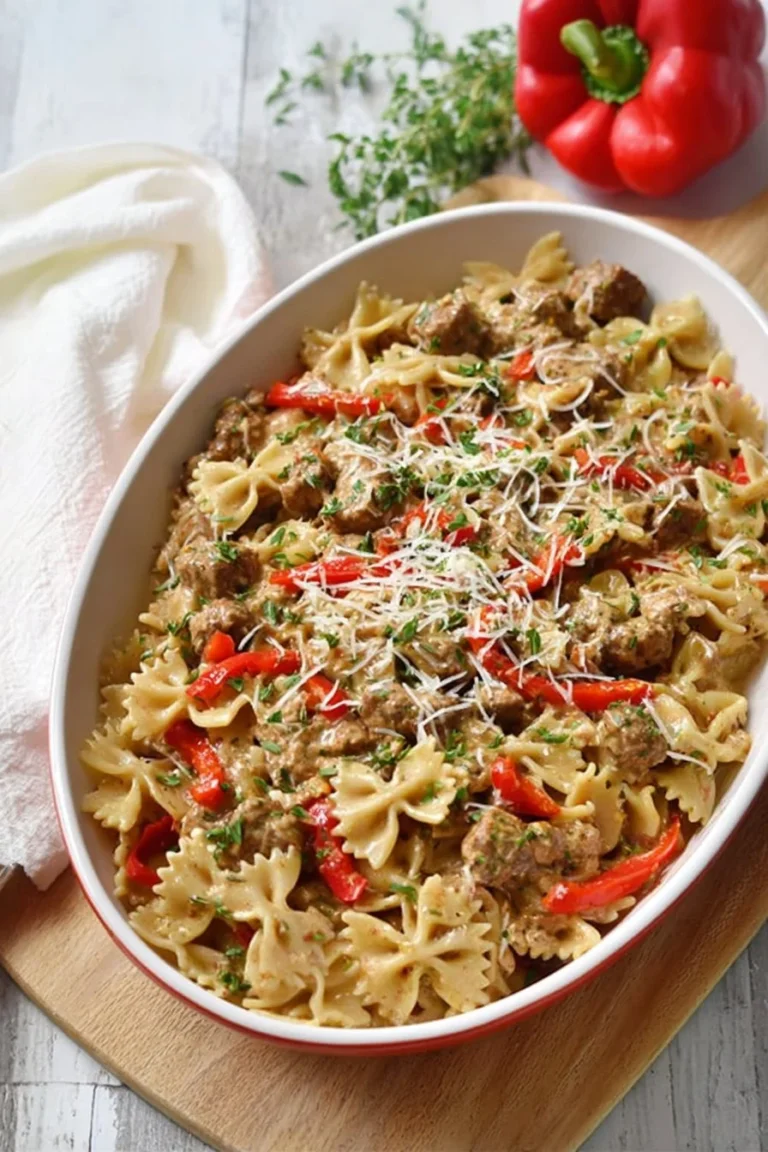 Creamy Chicken and Sausage Pasta served in a bowl with fresh herbs