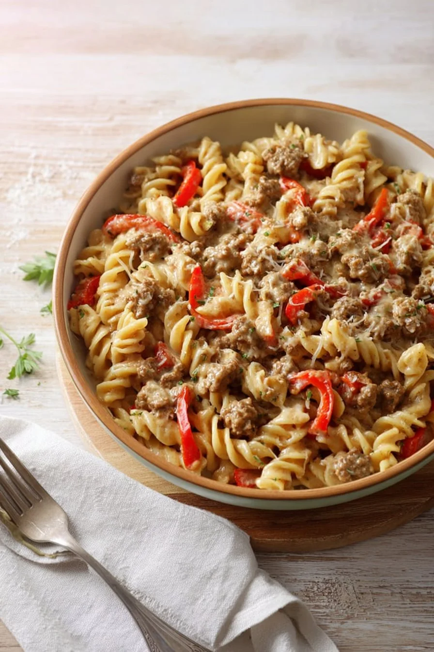 Plate of Chicken Sausage Pasta garnished with herbs