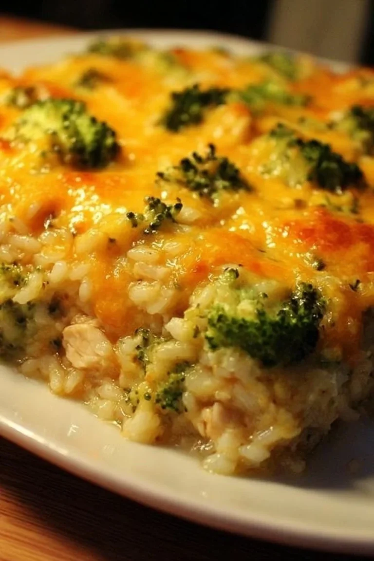 Delicious Chicken Broccoli Rice Casserole served in a baking dish