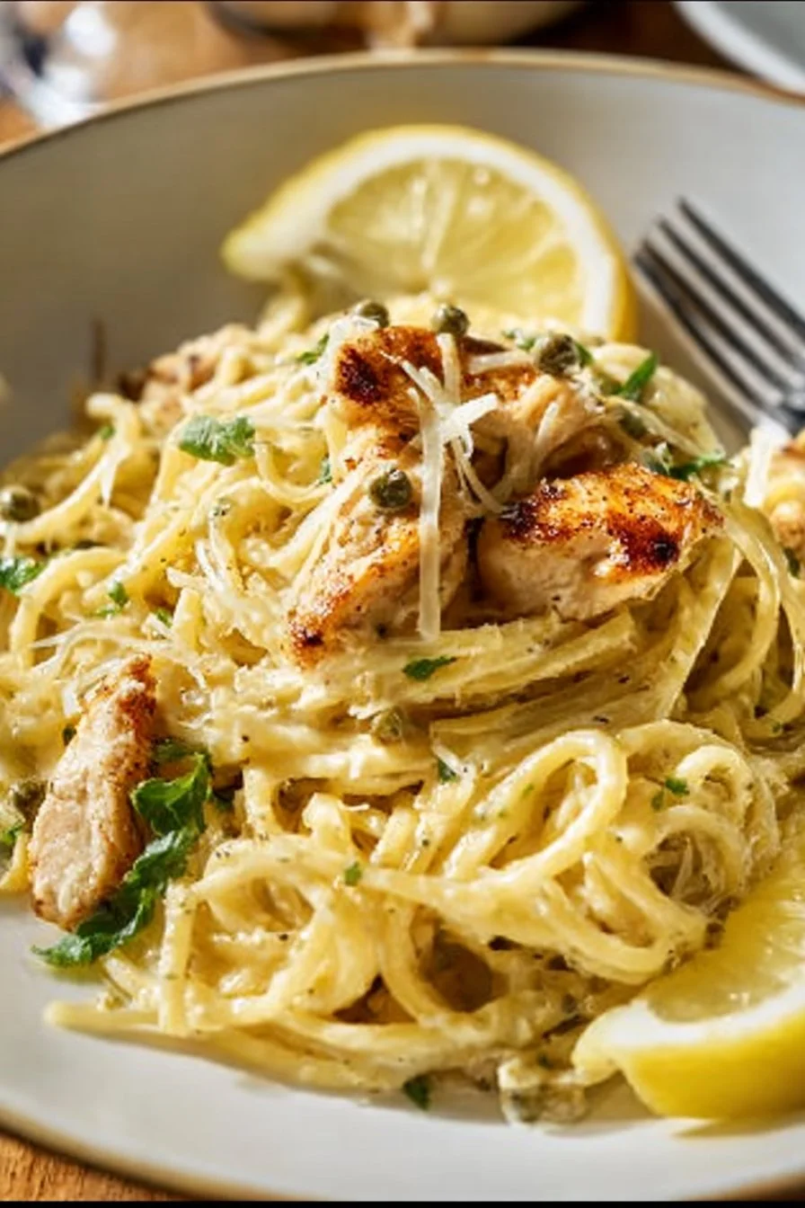 Bowl of Chicken Caesar Pasta topped with grilled chicken and Caesar dressing