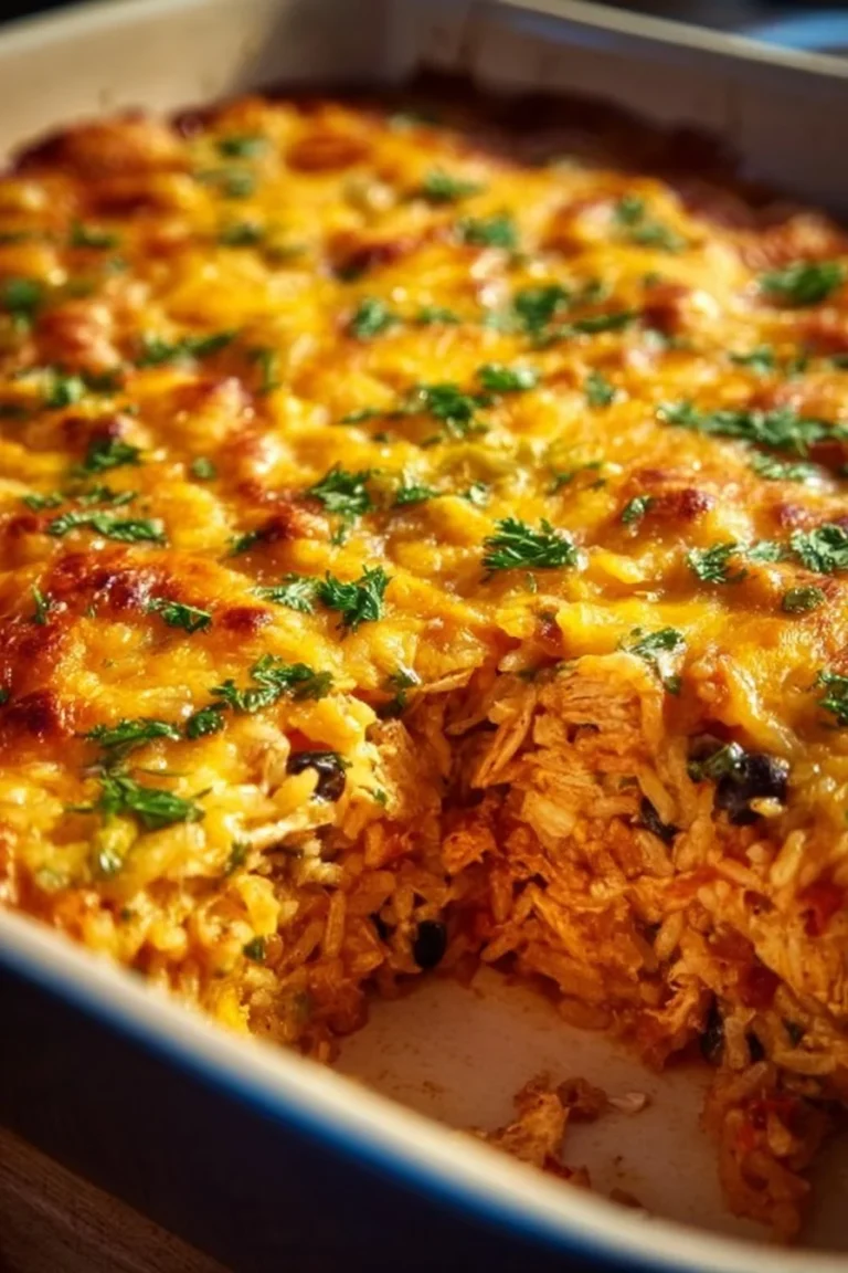 Delicious Chicken Enchilada Rice Casserole topped with cheese and cilantro.