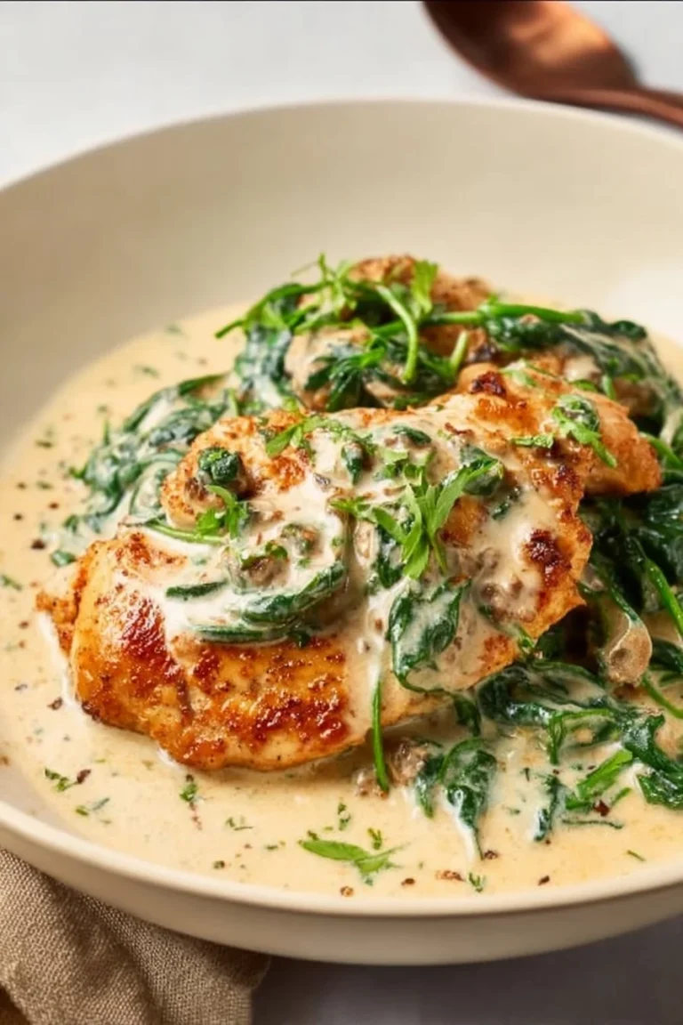 Chicken Florentine with creamy spinach sauce served on a plate