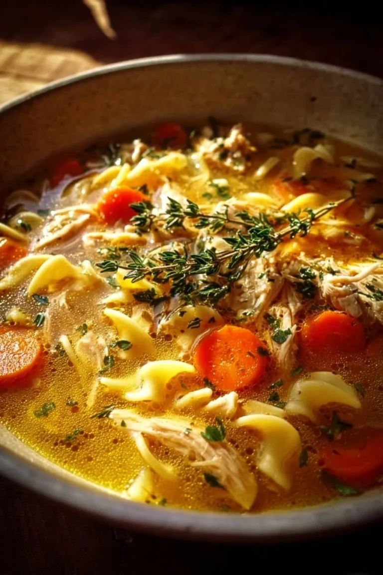 Delicious bowl of homemade Chicken Noodle Soup with fresh ingredients.