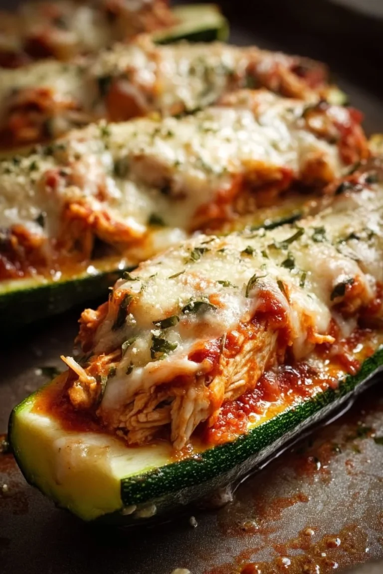 Delicious Chicken Parmesan Zucchini Boats topped with cheese and fresh ingredients.