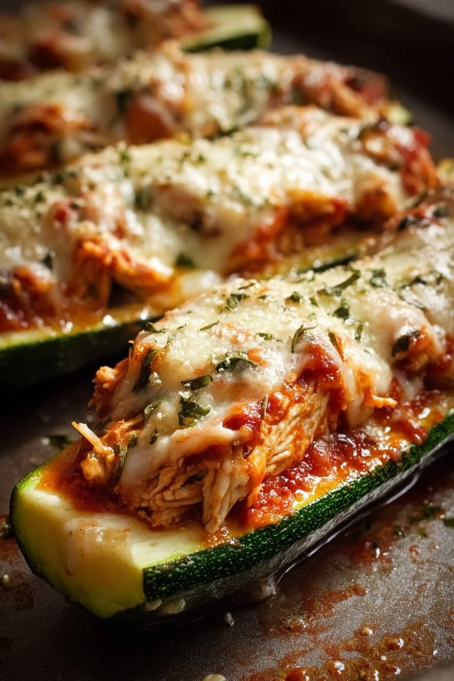 Delicious Chicken Parmesan Zucchini Boats topped with cheese and fresh ingredients.