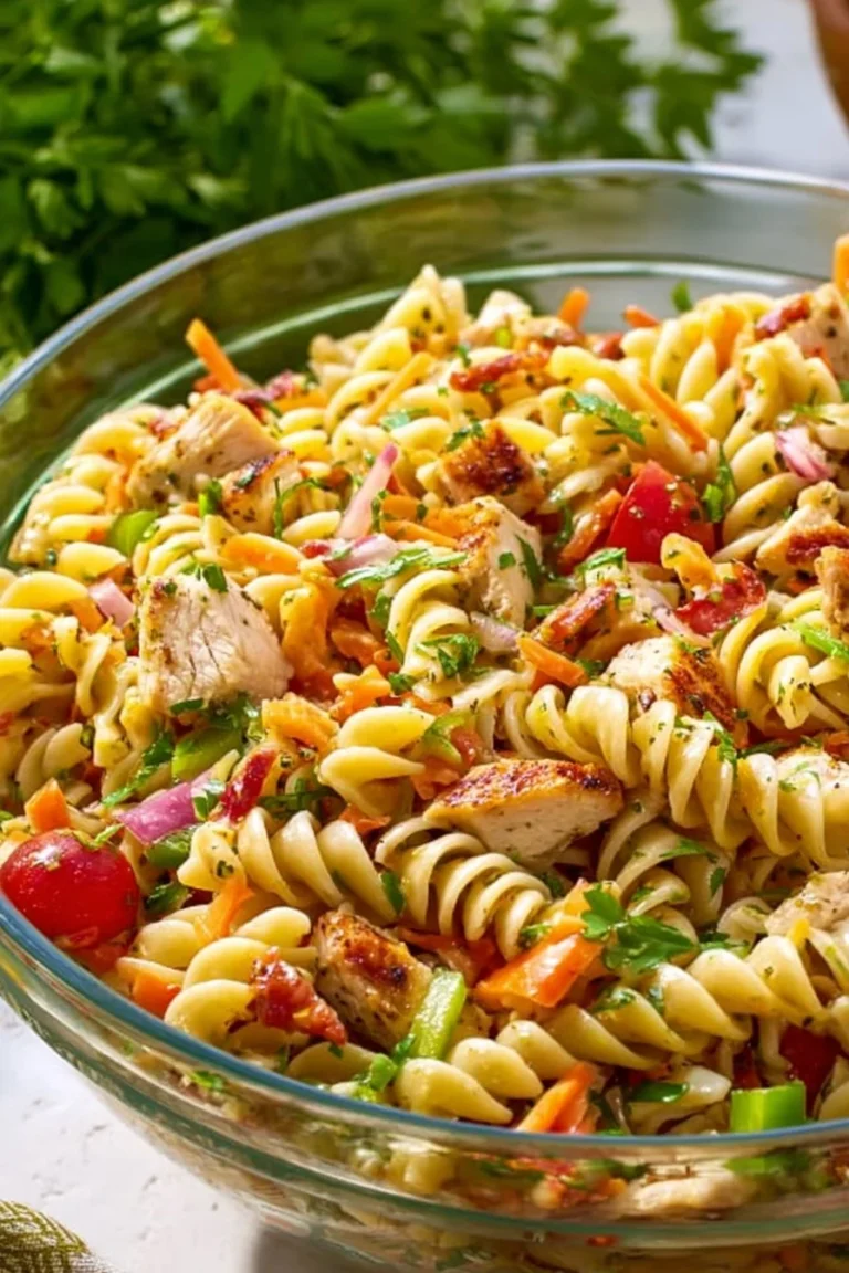 Delicious Chicken Pasta Salad with colorful vegetables and dressing