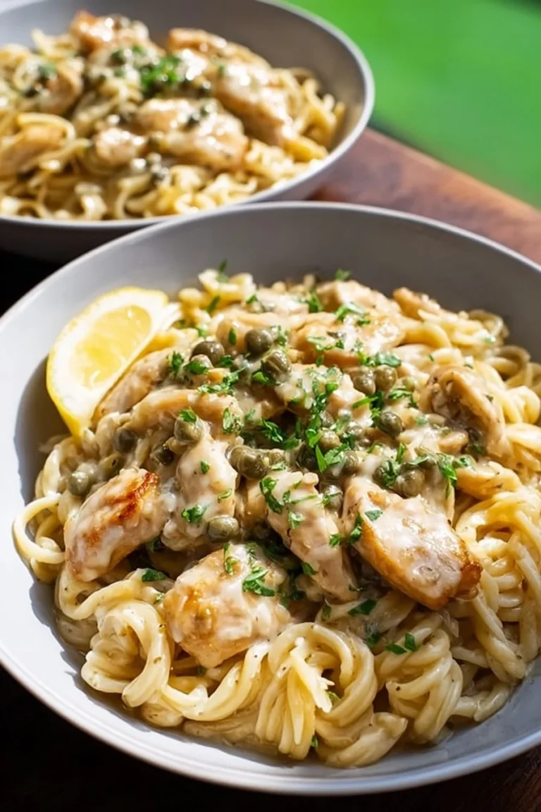 Delicious Chicken Piccata Pasta served with lemon and capers