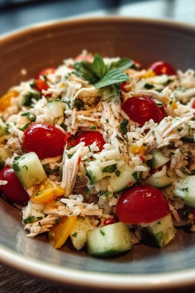 Delicious Chicken Rice Salad with fresh vegetables and tender chicken pieces