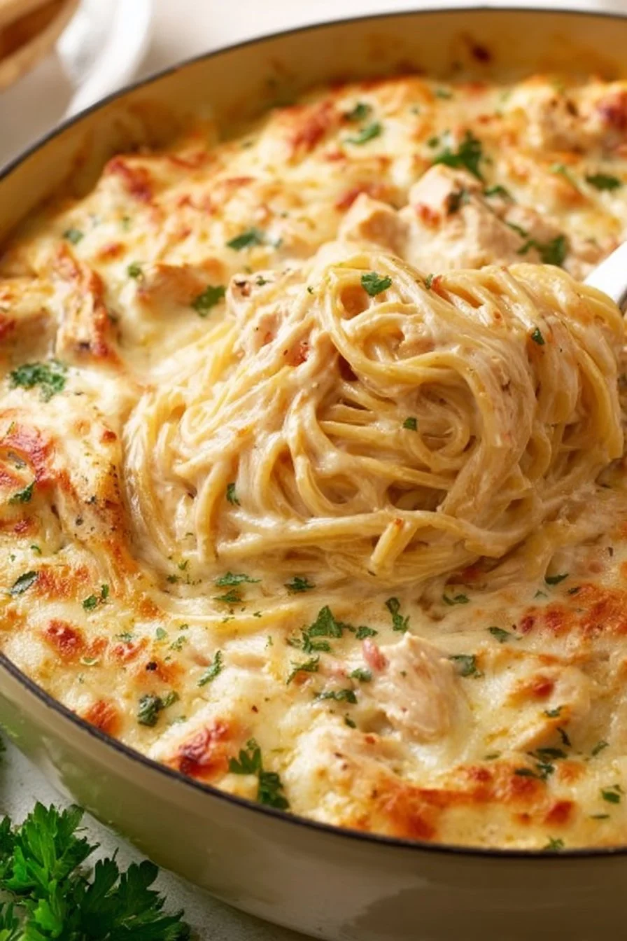 A hearty Chicken Spaghetti Casserole served in a dish with fresh herbs on top.