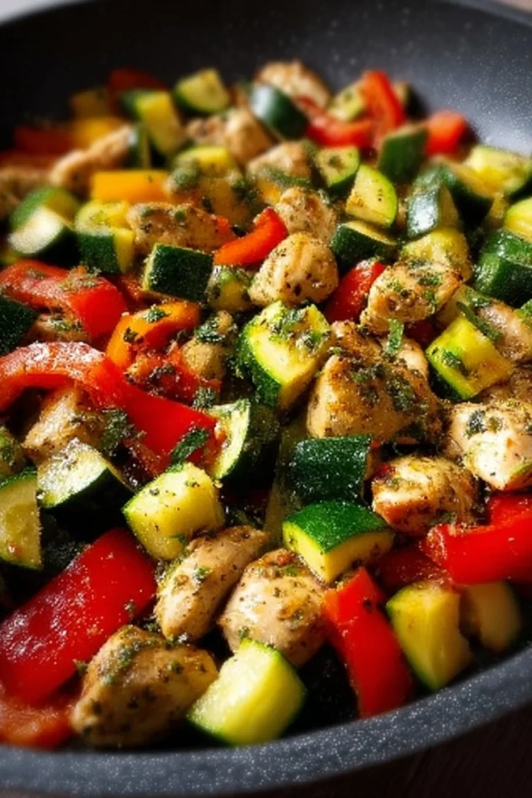 Colorful chicken vegetable skillet with fresh ingredients on a rustic table