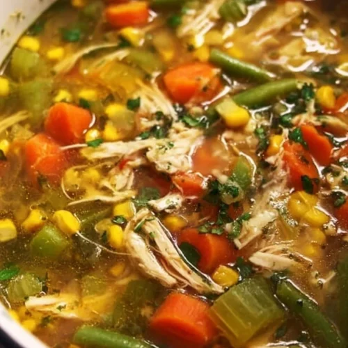 Delicious bowl of Chicken Vegetable Soup with colorful vegetables and tender chicken