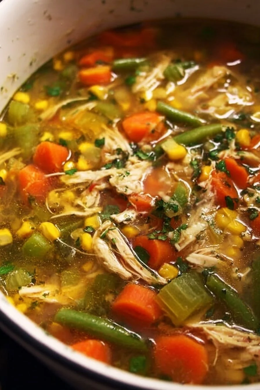 Delicious bowl of Chicken Vegetable Soup with colorful vegetables and tender chicken