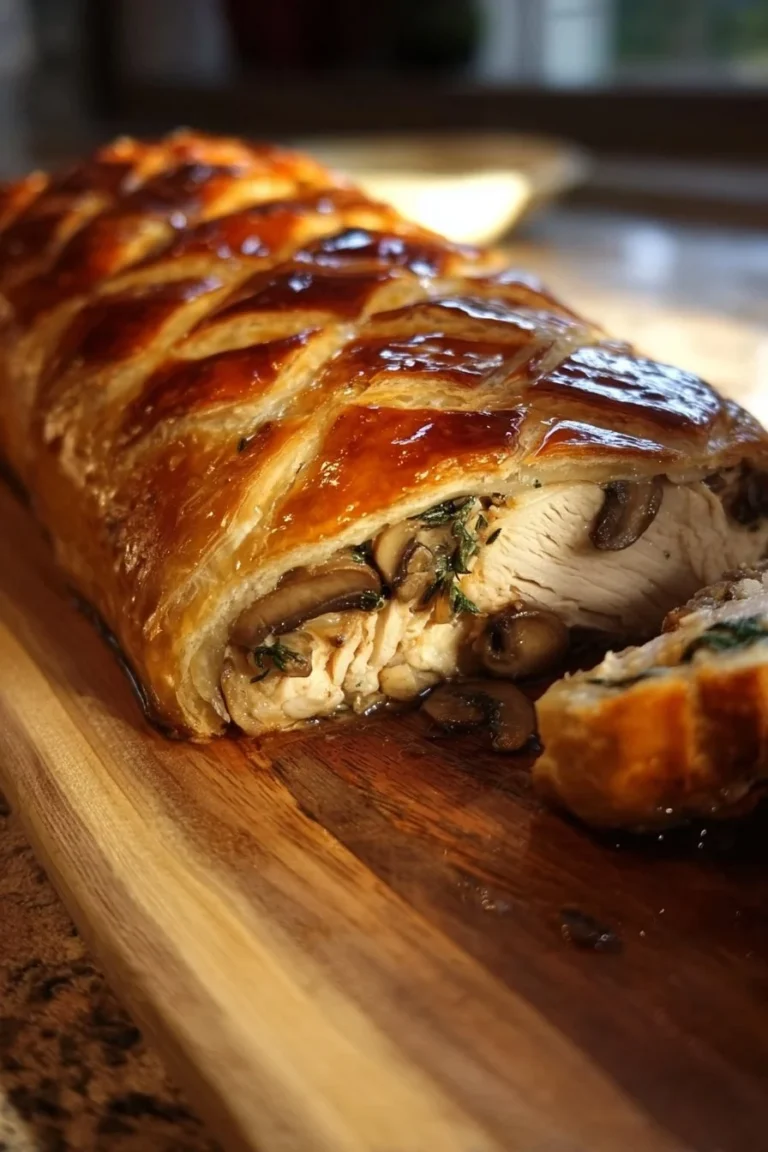 Delicious Chicken Wellington served with herbs and vegetables on a plate.