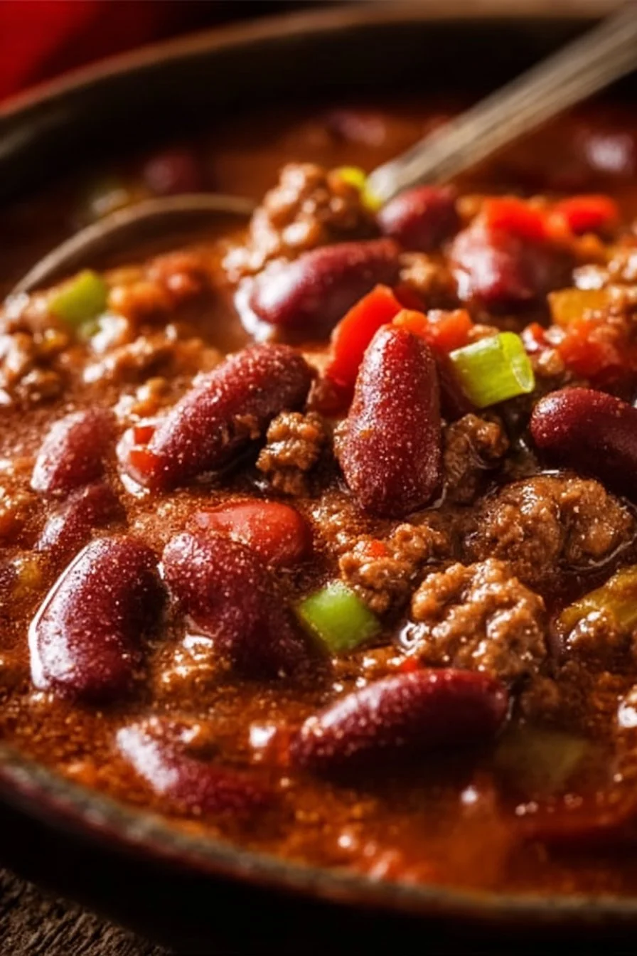 Bowl of chili beans topped with ground beef and spices