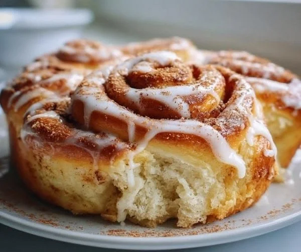 Freshly baked cinnamon roll focaccia topped with icing and cinnamon sugar
