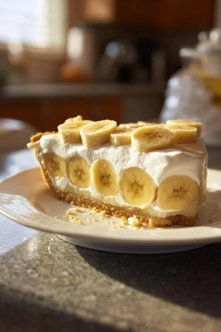 Sliced classic banana cream pie with whipped cream and banana slices on top