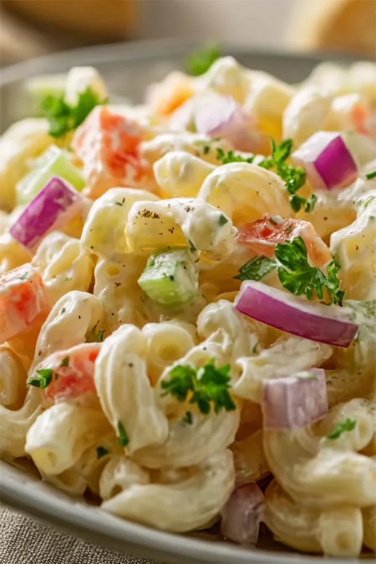 Bowl of classic macaroni salad with vegetables and dressing