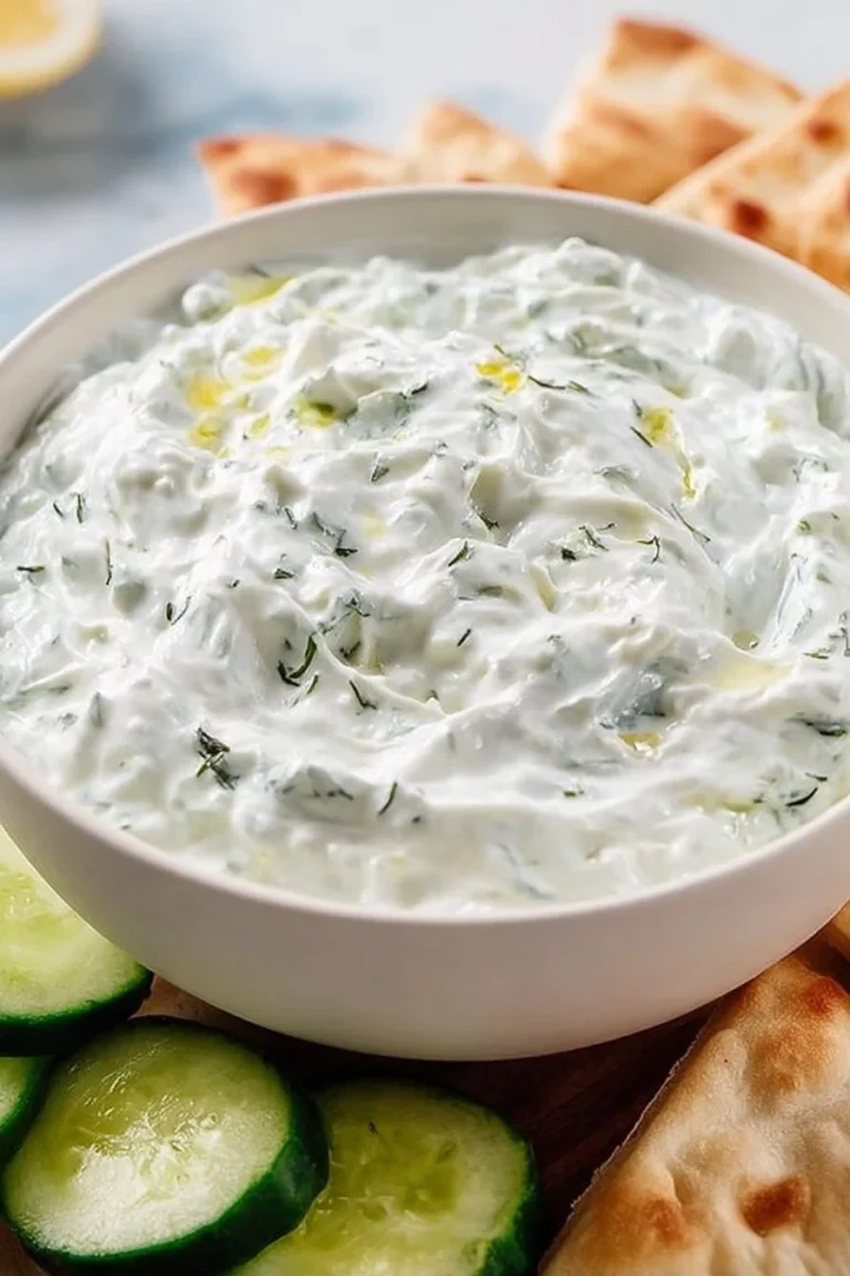 Bowl of classic tzatziki with fresh cucumber and garlic, served with pita bread.