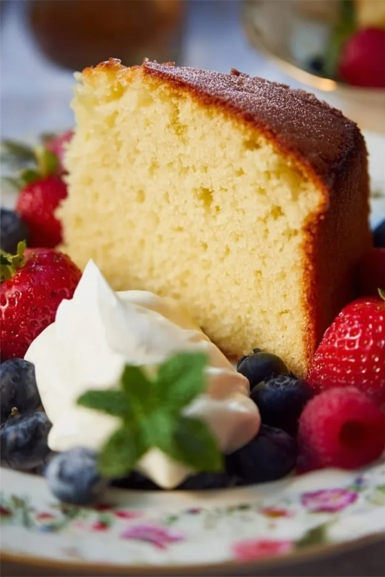 Slice of classic vanilla butter pound cake on a white plate