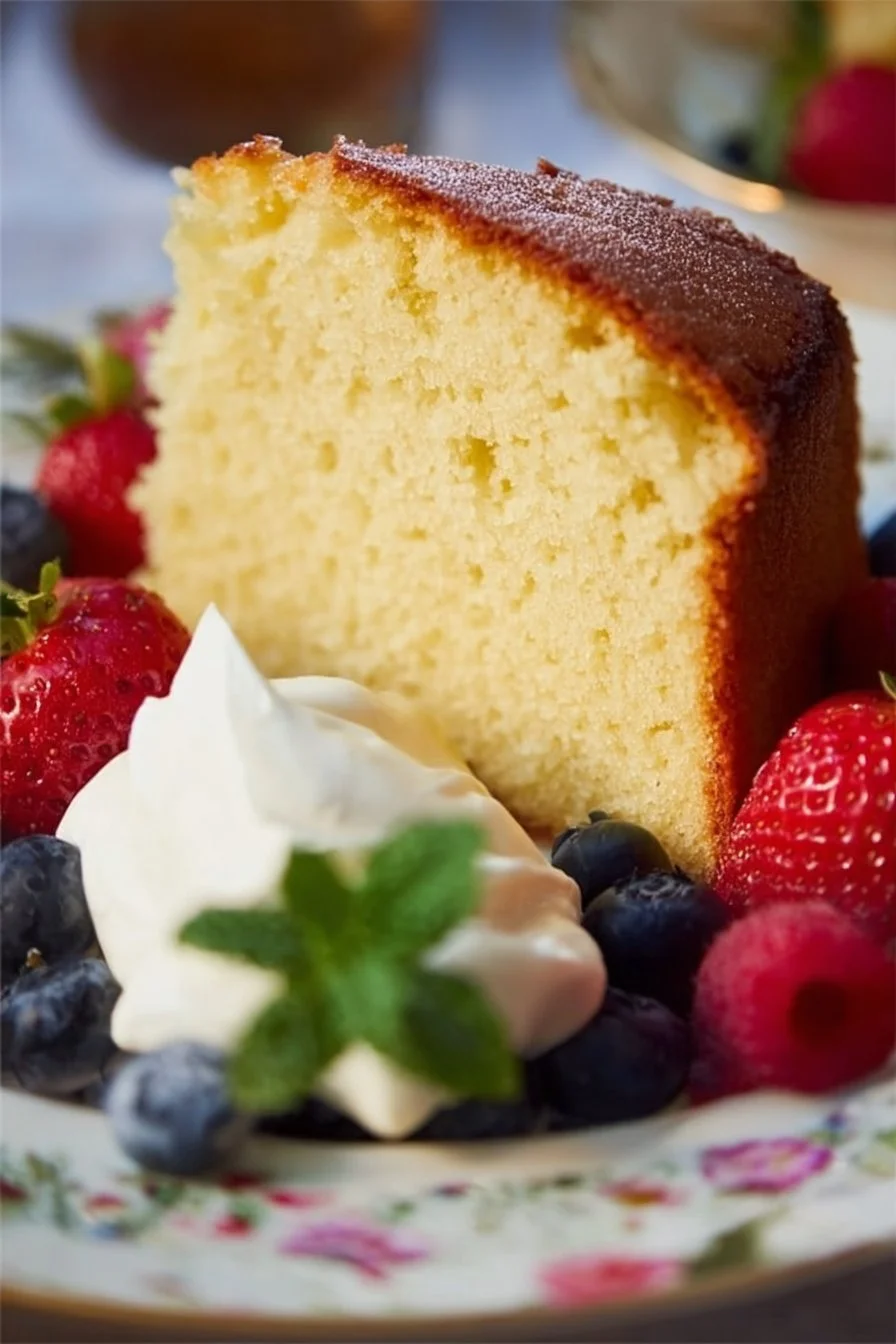Slice of classic vanilla butter pound cake on a white plate