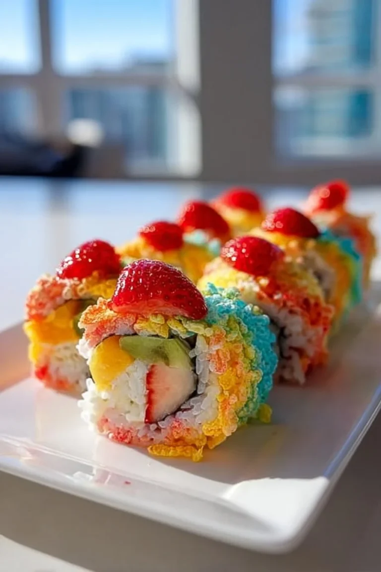 Colorful fruity pebbles sushi rolls with vibrant toppings and ingredients
