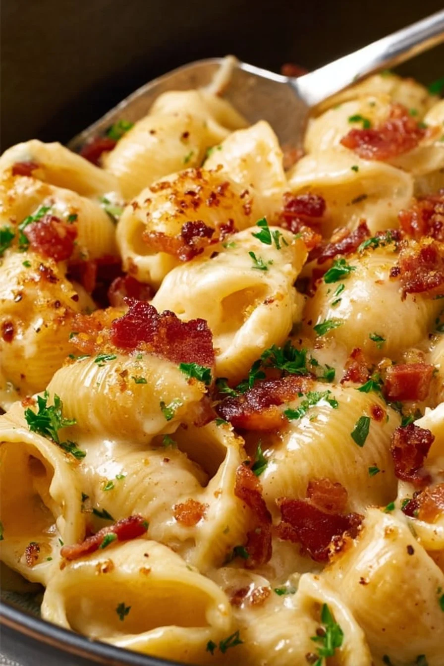 Creamy Bacon Mac and Cheese dish with crispy bacon and melted cheese