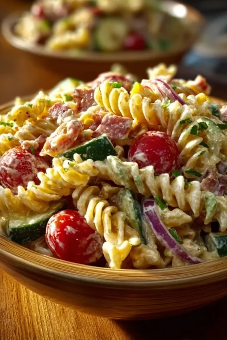 Delicious creamy bacon ranch pasta salad with fresh ingredients