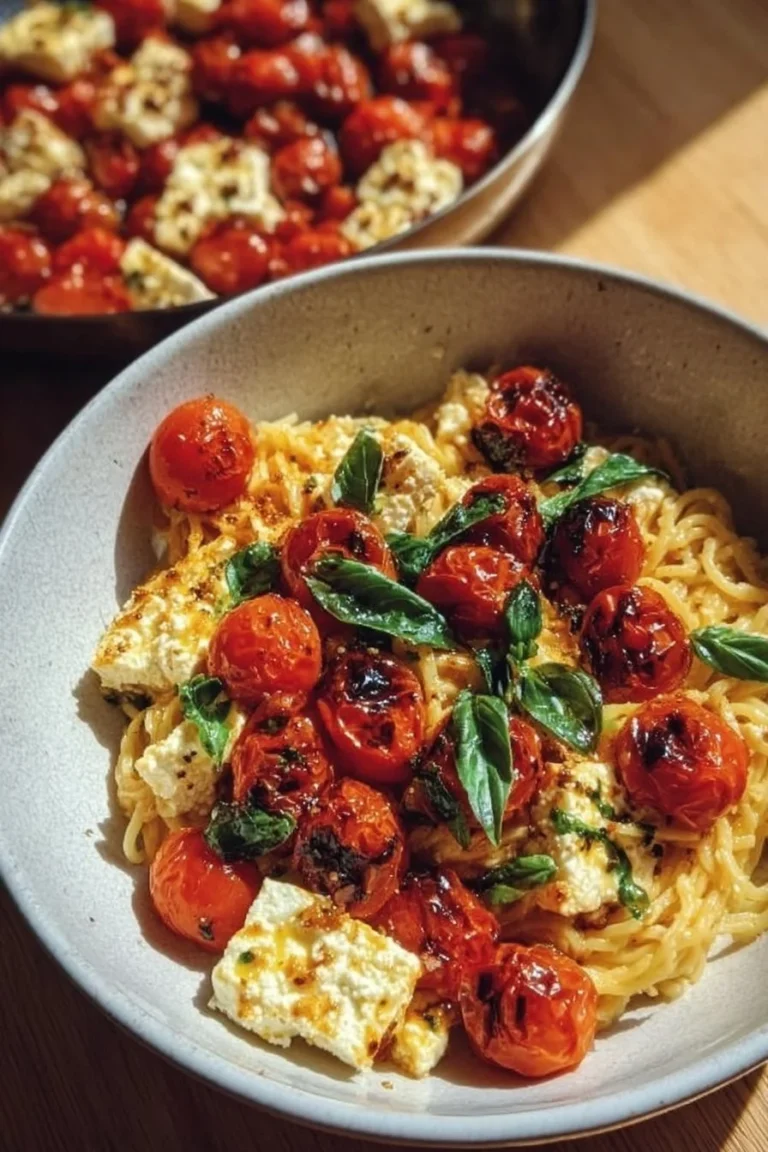 Creamy baked feta pasta topped with fresh herbs and cherry tomatoes