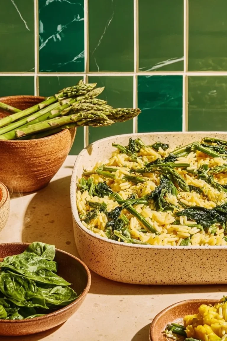 Creamy baked orzo with mixed vegetables in a casserole dish