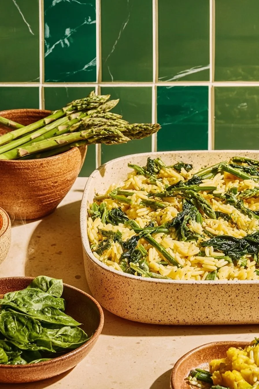 Creamy baked orzo with mixed vegetables in a casserole dish